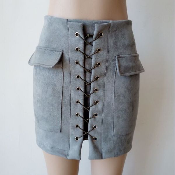 

2019 fashion solid color deerskin skirt women bandage suede fabric mini skirt slim seamless stretch tight short gonna #c, Black