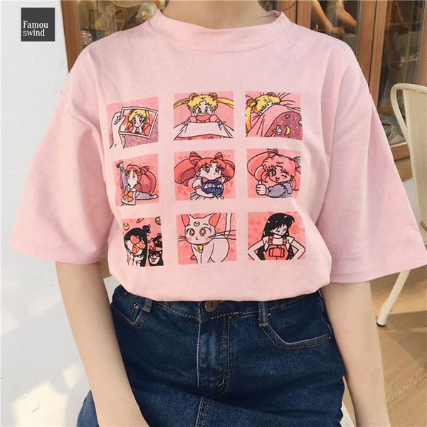 

лето футболка луна мода большой размер аппликация повседневная harajuku мультфильм письма ulzzang матрос женщин с коротким рукавом смешно по, White