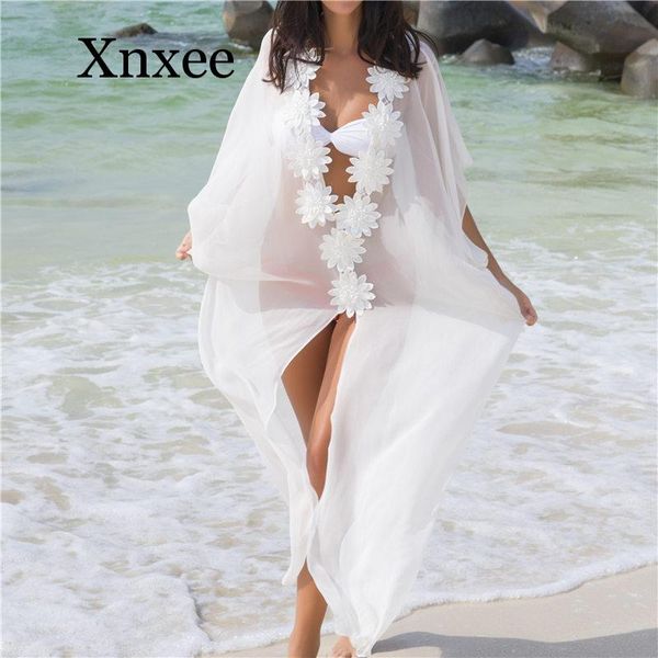 

2020 honeymoon dress beach cover up dress lace beach tunic pareos swimwear women bikini cover up chiffon swimsuit white, Blue;gray
