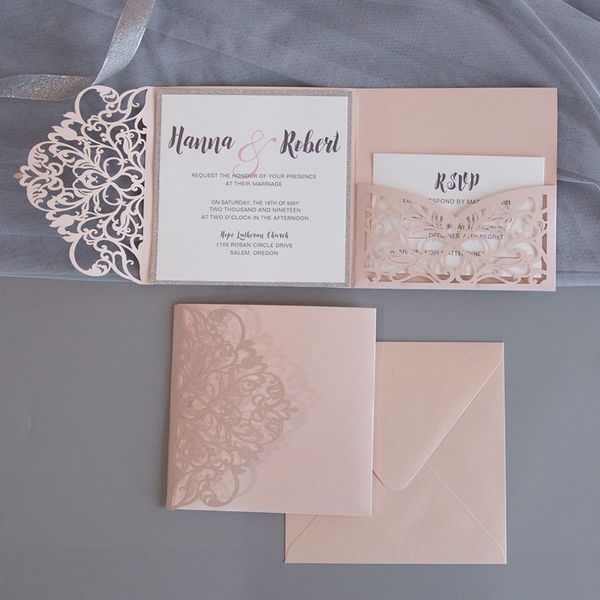 

greeting cards (50 pieces/lot) european laser cut pink wedding invitations set customize business engagement invitation with rsvp card ic122