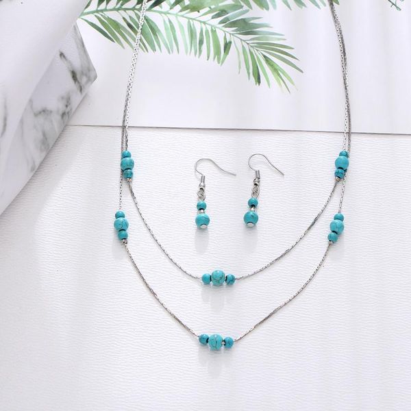 

vintage woman jewelry set round green color stone multi-layer female necklace earring ornament party jewelry set wholesale, Silver