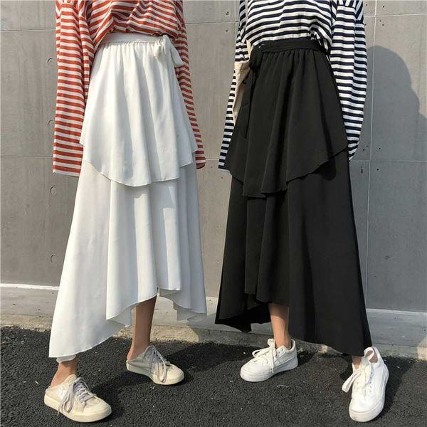 

ewq]2020 spring summer new product bow high waist irregular design ladies all-match skirt korean style layered cake skirt qz741, Black