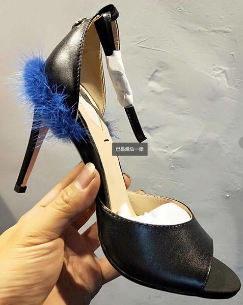 

yellow fur with black heart one buckle women sandals peep toe cover heel high heels ladies shoes stilettos