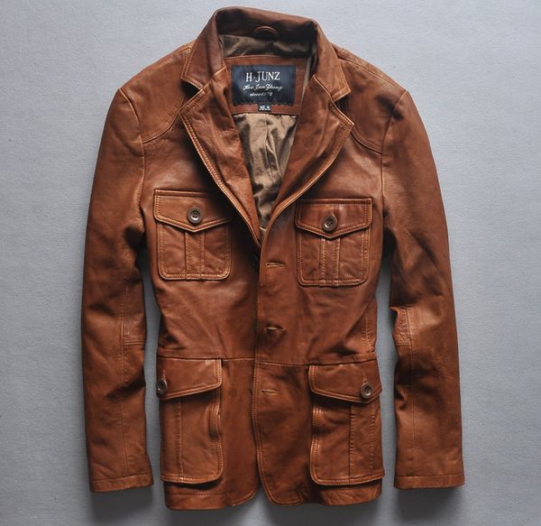 

fit italy slim vintage jacket four pockets suit leather coat men brown m-xxl, Black