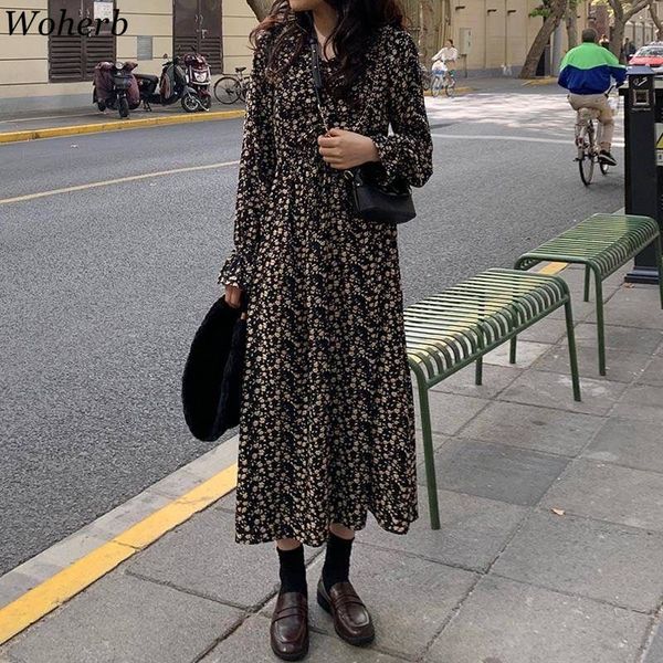 

woherb summer floral print dress 2020 new chic long sleeve v neck female dresses high waist korean a-line women vestidos femme, Black;gray
