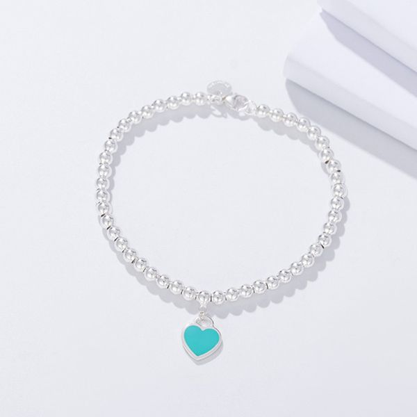 

100% 925 sterling silver blue heart-shape pendant beads chain bracelet fashion diy jewelry accessories for women gift, Golden;silver