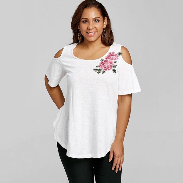 

rayon women summer plus size 5xl embroidery appliqued cold shoulder t-shirt casual o neck short sleeve ladies big size female quality, White
