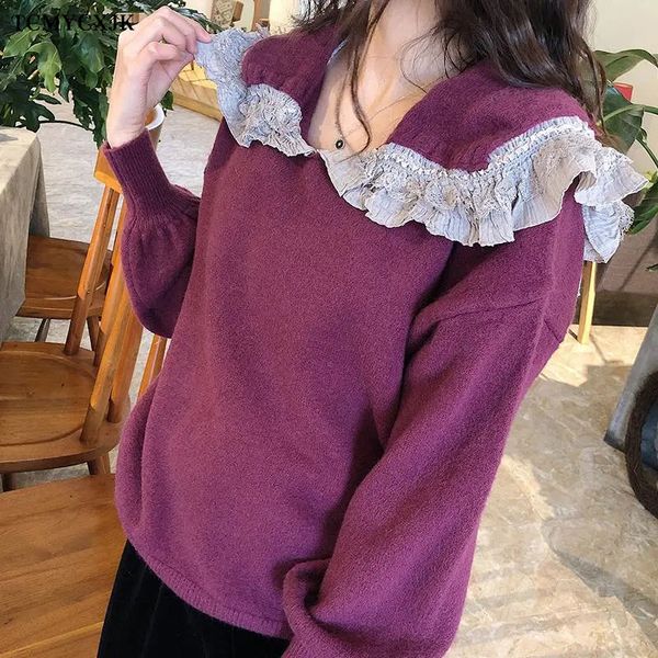 

women's sweaters very fairy doll collar sweater womens autumn winter 2021 loose sweet style lace pullover large size knitting, White;black