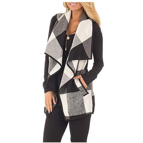 

autumn office ladies vest sleeveless turn down neck open front jacket check plaid pocket cardigan casual women long waistcoat, Black;white