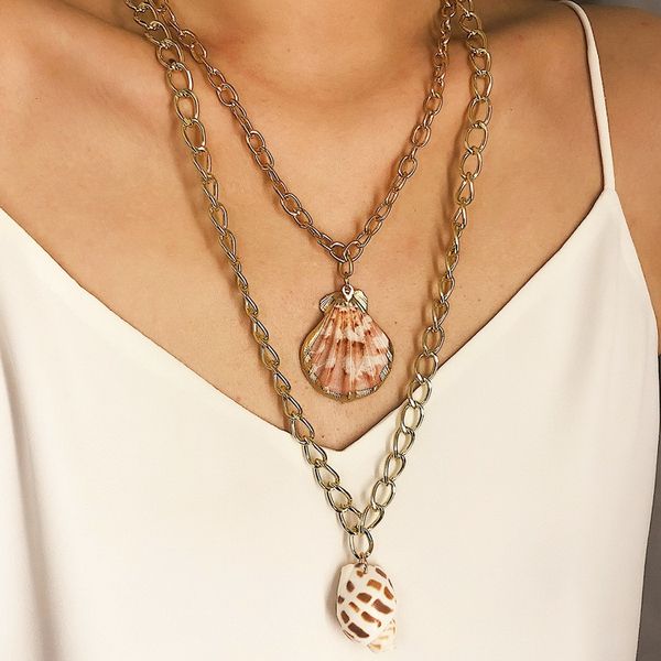 

bohemian style metal sea snail conch shell pendant necklaces for women double layer thick chain necklace vintage jewelry xr2224, Silver