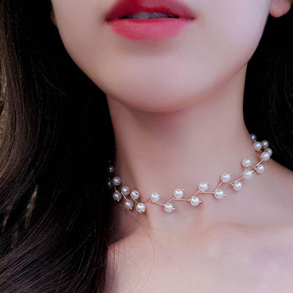 

korean trendy elegant simulated pearl choker necklace for women simple all match necklace 3 colors jewelry, Golden;silver