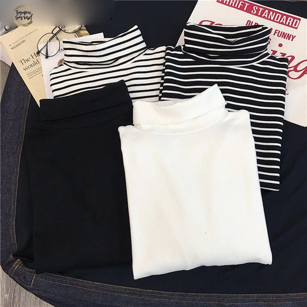 

turtleneck striped full sleeve t-shirt stretch basic drop shoulder undershirt render unlined upper garment pullover, White