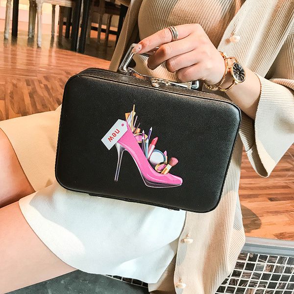 

designer-professional makeup bag with high heel pattern portable cartoon make up case leather beauty case trunk hand held coametic bag