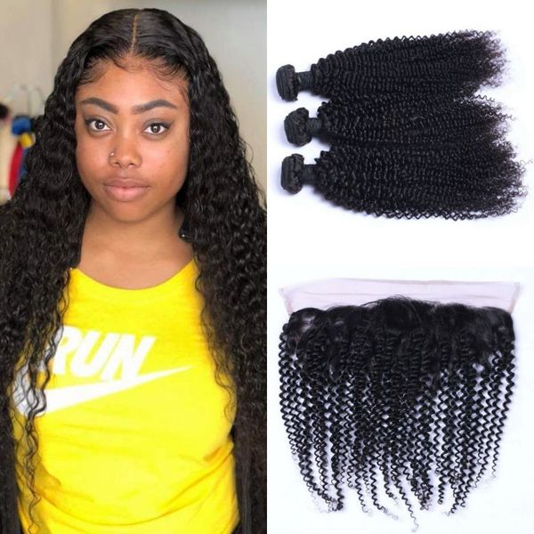 

indian kinky curly bundles with 13*4 lace frontal 4pcs/lot natural color human hair weave bundles with frontal, Black;brown
