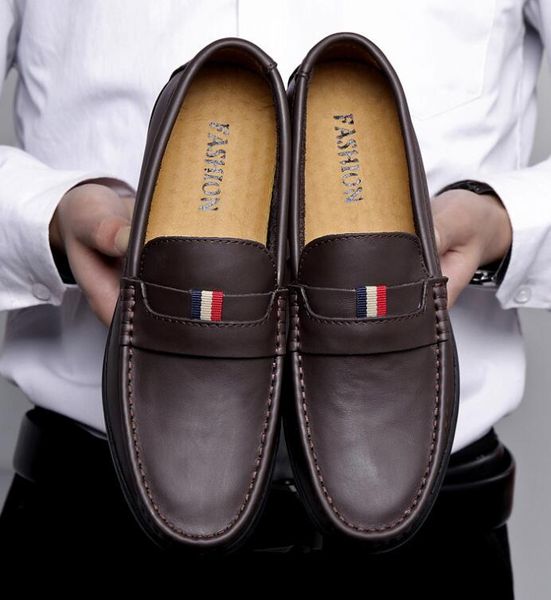 

spring brand new men shoes fashion slip on man genuine leather casual shoes men cool loafers flat shoes, Black