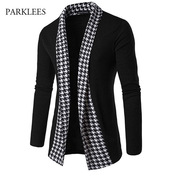 

england style cardigan sweater men 2018 brand classic houndstooth knitted sweaters black cardigans slim fit hit color pull homme, White;black