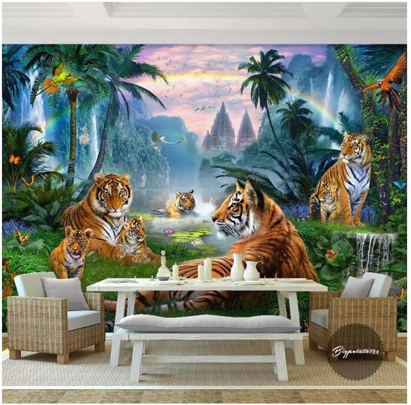3d foto papel de parede personalizado 3d murais de parede papel de parede Rainbow Creek Água Cachoeira Floresta Grande Grupo Tigre Animal Floresta Paisagem Pintura A Óleo