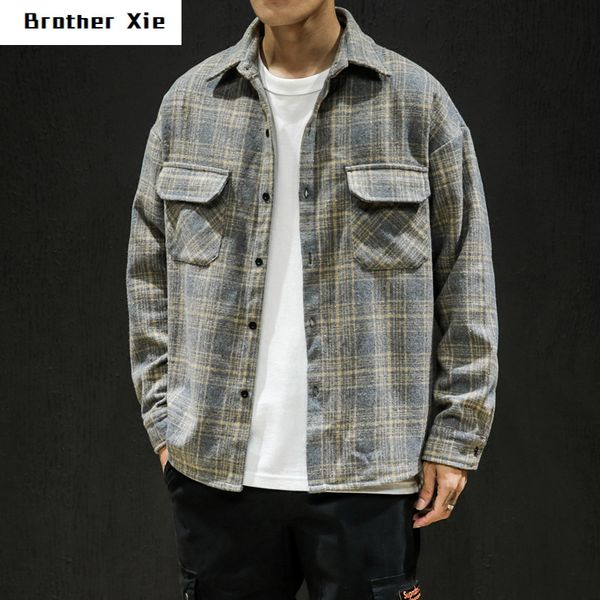 

осень зима новая шерстяная рубашка мужская мода ретро повседневная клетчатая рубашка мужская уличная одежда дикий хип-хоп свободные длинные, White;black