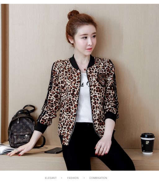 

p ammy plus size leopard print baseball basic round collar zipper thin bomber jackets autumn long sleeves girl coat 2019, Tan;black