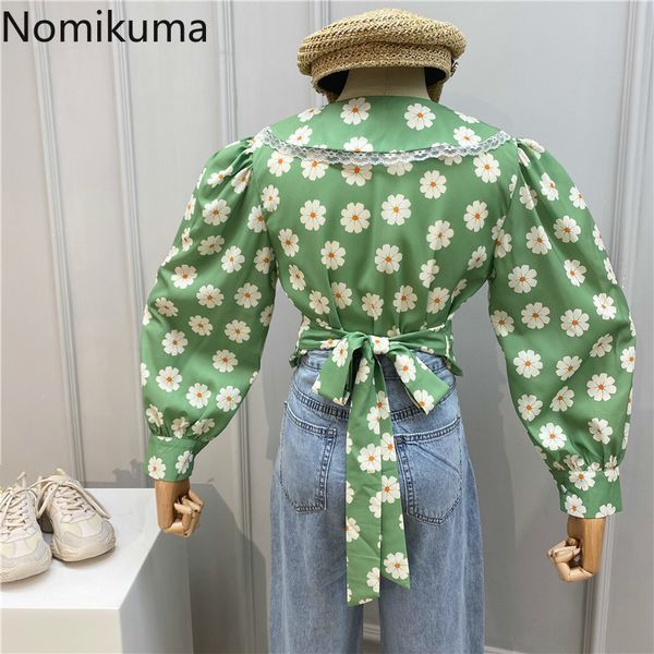 

nomikuma korean floral women shirts lace patchwork peter pan collar blouse puff long sleeve bow bandage slim short blusas 6a186, White