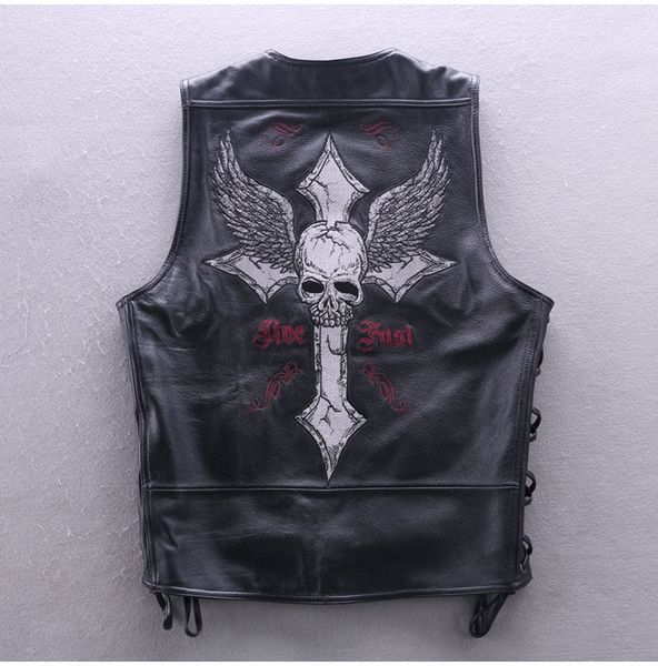 

2018 fashion genuine leather vest men slim fit embroidery cowskin leather motorcycle biker vest v-neck collar short coat, Black