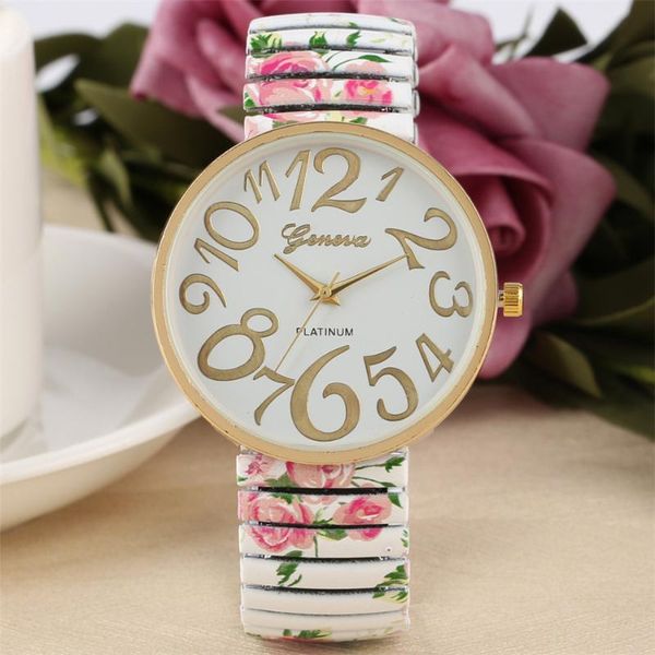 

women's watches printed elastic strap ladies wrist watch quartz movement creative arabic numerals display dial female style cloc, Slivery;brown