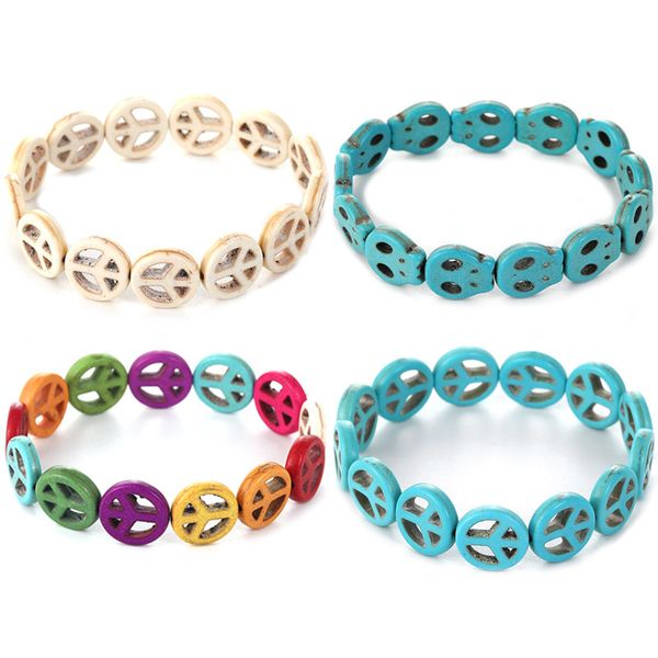 

новый ручной природный бирюзовый браслет черепа знак мира струнные бисер браслеты браслет эластичный регулируемый ручной цепи женщины дизайн, Black