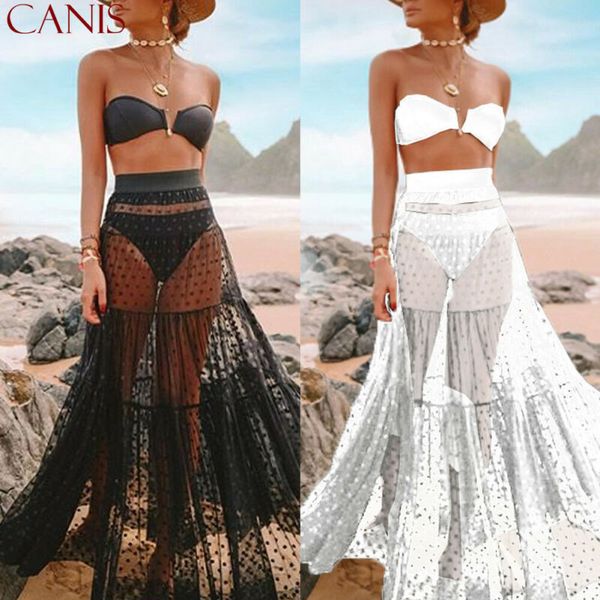 

women ladies polka dots mesh skirt see-through beach wear cover up