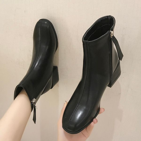 

round toe winter boots lady boots-women women shoes autumn booties ladies lace up low heels booties 2020 2019 mid-calf rock mid, Black