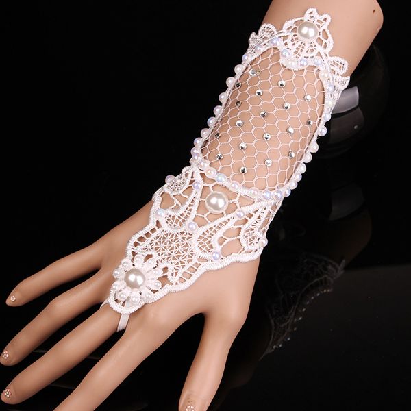 

brides bracelet brace lace fingerless bridal gloves lacing crystals pearls ring bracelet wristband wedding accessories glove mittens, White
