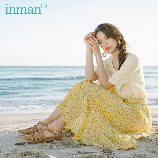 

inman 2020 summer new arrival girlish pure and fresh printed sweet shivering long tiered skirt, Black