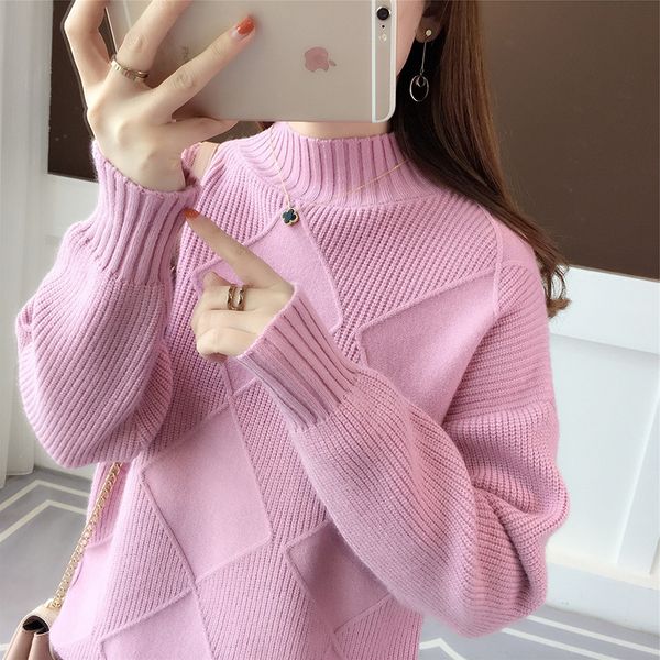 

allyzozo women autumn wonter turtleneck pullovers sweater long sleeve loose plaid rhombic knitted sweaters jumpers clothing, White;black