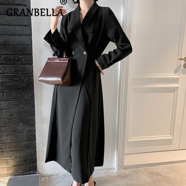

fashion slim over knee-length black gothic women chic trench coat a-line double breasted long sleeve lapel casual winbreaker, Tan;black