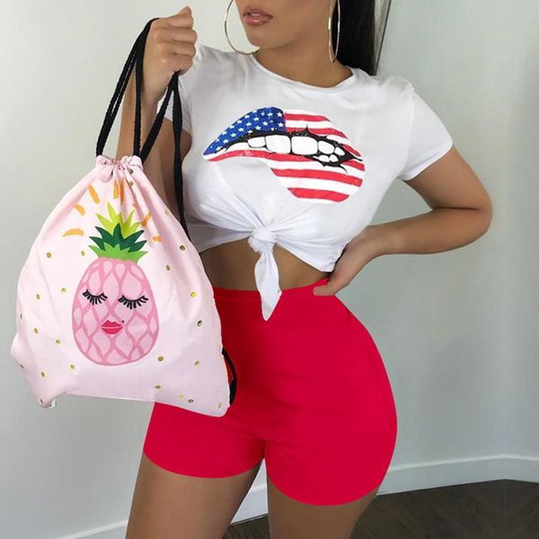 

2019 womens fashion short sleeve print sports pants set two-piece casual suits sport women suits fitness bd, White