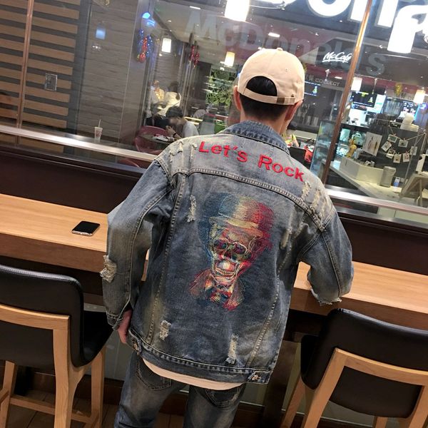 

autumn 2020 fashion new japanese retro brand hip-hop street ripped hole jacket casual skull embroidery korean denim clothing men, Black;brown