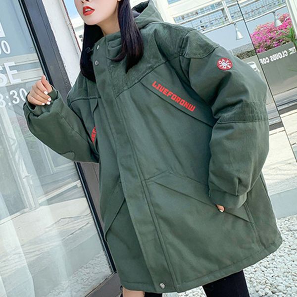

2019winter outwear padded jacket women plus size casual coat thick loose parka hip hoodies warm letter print streetwear, Black