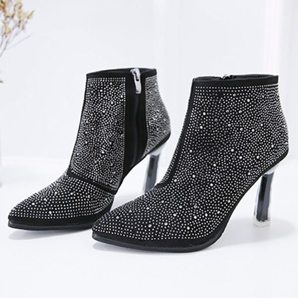

fashion ankle boots for women luxury comfortable crystal decoration pointed toe shoes party boots thin heels platform short boot, Black