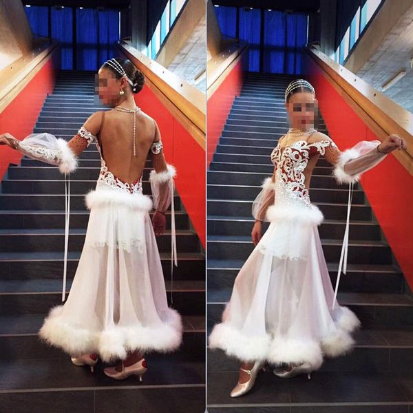 

ballroom dance competition dresses backless bubble sleeve white modern dance dress feathered waltz dress, Black;red