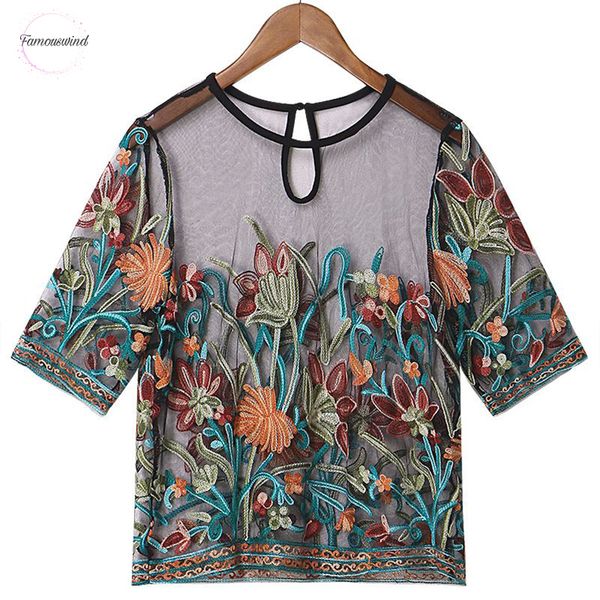 

summer crop women semi sheer floral embroidery mesh transparent vintage shirt see through thin tunic plus size, White