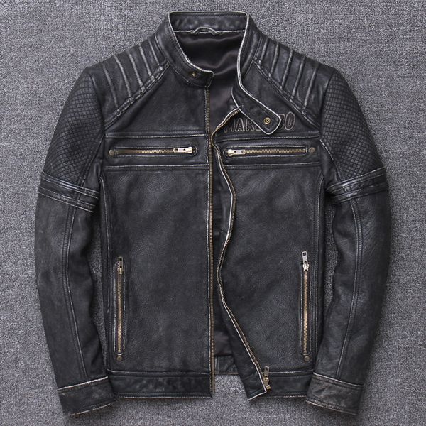 

men's leather & faux 2021 vintage brown men short motorcycle jacket plus size 5xl genuine cowhide american slim biker's coat, Black