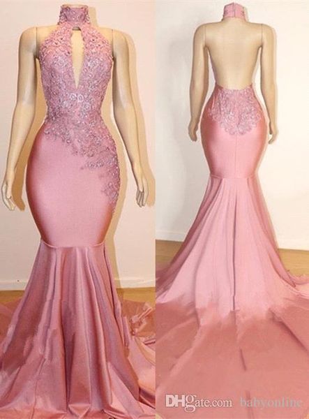 

2019 new stunning pink mermaid prom dresses open back halter keyhole neck lace appliques beaded sweep train long evening gowns, Black