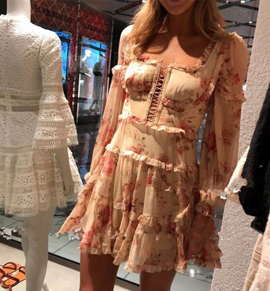 

runway designer платье женщины 2018 vinatge длинные рукава ruffles цветочные печатный шифоновое платье для весна-лето, Black;gray