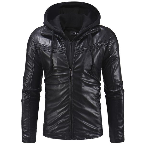 

xiu luo 2019 men's autumn winter casual hooded leather zipper long sleeve jacket coat motorcycle, Black
