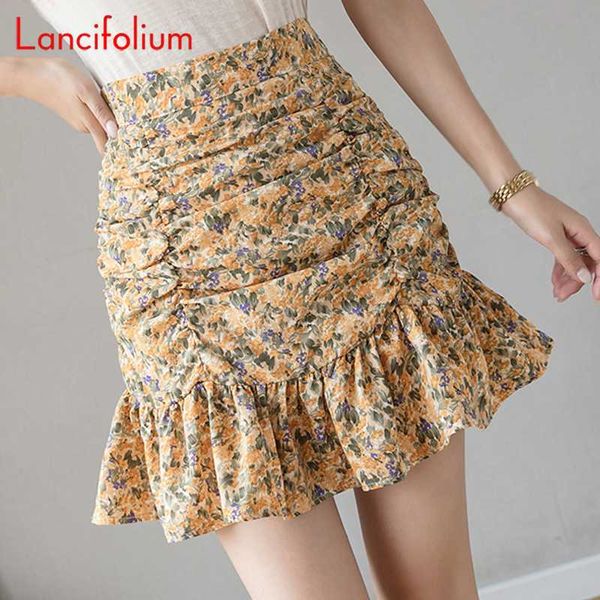 

pleated ruflle high waist mini skirt women summer kawaii ruched girl floral short skirt ladies bodycon boho miniskirt femme, Black
