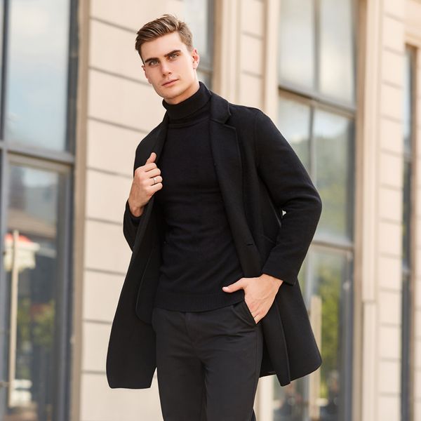 

2018 new style coats men business double sided woolen casual fashion classic trench coat men,men's cashmere windbreaker, Black