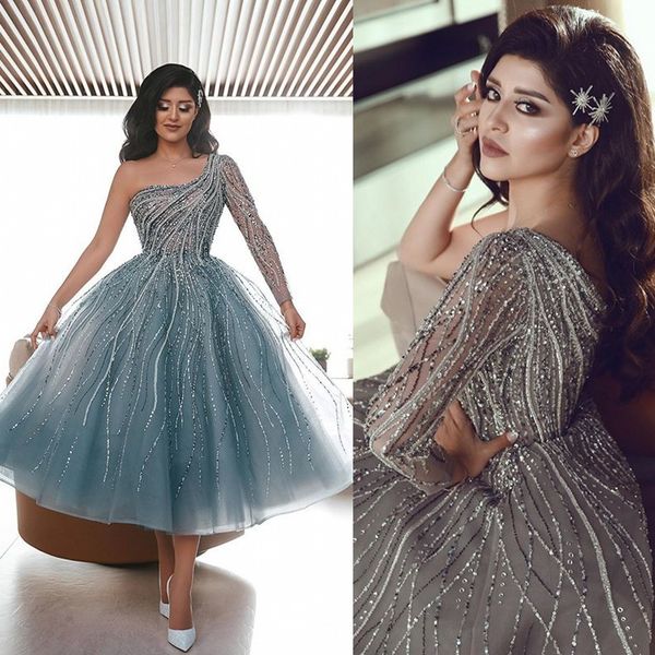 

new arabic evening gowns one shoulder tulle a line prom dress tea length long sleeve formal dress, Black;red
