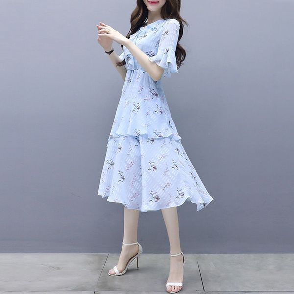 

casual dresses women's spring summer style chiffon dress flare sleeve solid color printed ruffles ss1955, Black;gray