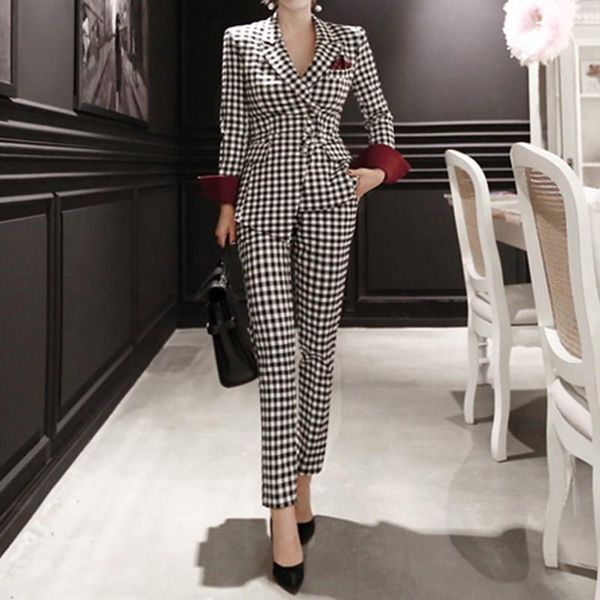 

2019 women office lady pant suits notched blazer suit jackets with ankle length trouser two pieces set suit, White;black
