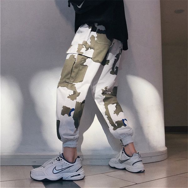 

2019 spring and autumn hong kong style new men's white camouflage multi-pocket pants pants loose nine m-5xl, Black