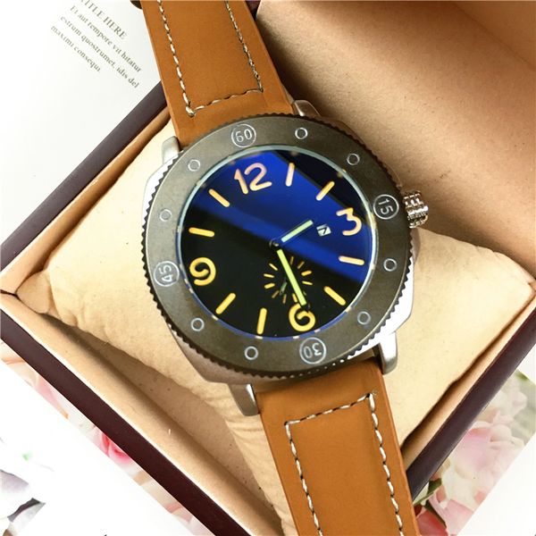 

famous designer man watch auto calender big dial 45mm luxury male sports watch black/brown genuine leather relojes for male japan movement, Slivery;brown